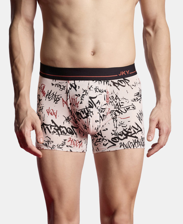 Super Combed Cotton Elastane Stretch Printed Trunk with Ultrasoft Waistband - Moon Beam, Black & Bossa Nova
