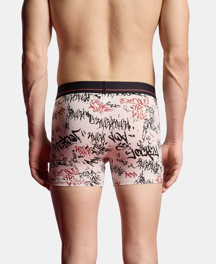 Super Combed Cotton Elastane Stretch Printed Trunk with Ultrasoft Waistband - Moon Beam, Black & Bossa Nova