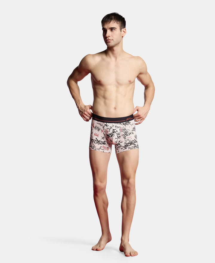 Super Combed Cotton Elastane Stretch Printed Trunk with Ultrasoft Waistband - Moon Beam, Black & Bossa Nova