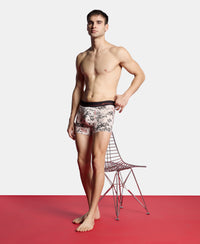 Super Combed Cotton Elastane Stretch Printed Trunk with Ultrasoft Waistband - Moon Beam, Black & Bossa Nova