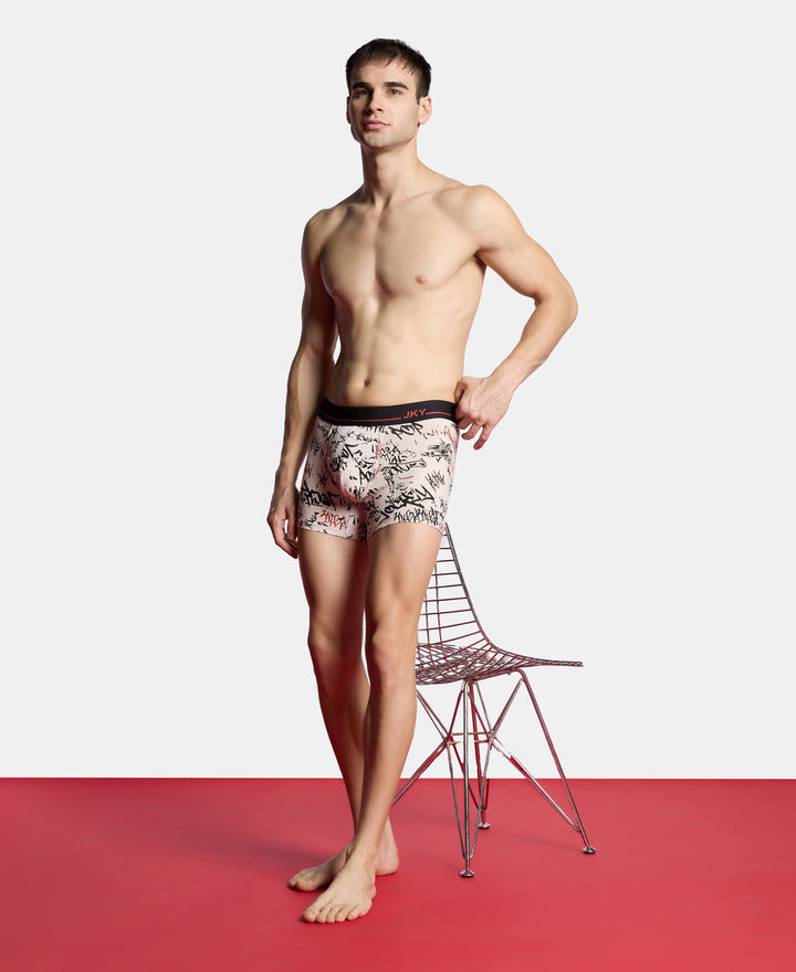 Super Combed Cotton Elastane Stretch Printed Trunk with Ultrasoft Waistband - Moon Beam, Black & Bossa Nova