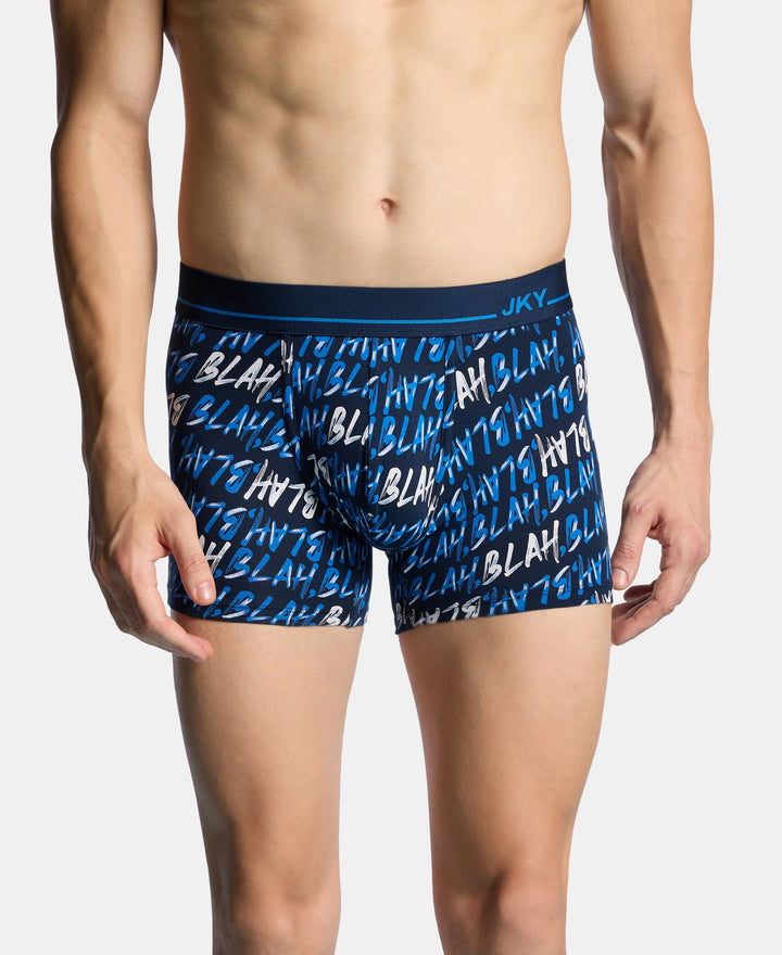 Super Combed Cotton Elastane Stretch Printed Trunk with Ultrasoft Waistband - Navy & Daphne