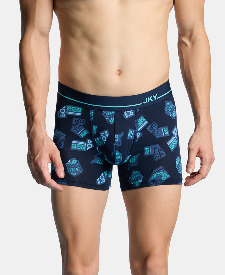 Super Combed Cotton Elastane Stretch Printed Trunk with Ultrasoft Waistband - Navy & Turquoise