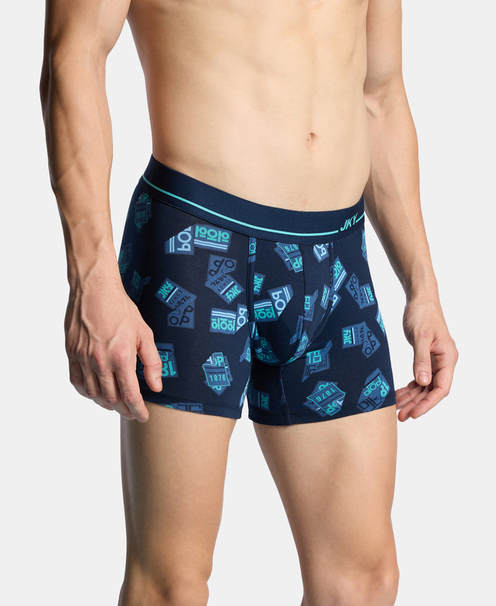 Super Combed Cotton Elastane Stretch Printed Trunk with Ultrasoft Waistband - Navy & Turquoise