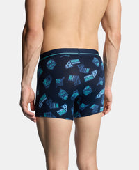 Super Combed Cotton Elastane Stretch Printed Trunk with Ultrasoft Waistband - Navy & Turquoise