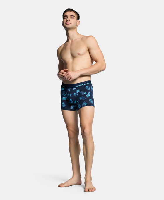 Super Combed Cotton Elastane Stretch Printed Trunk with Ultrasoft Waistband - Navy & Turquoise