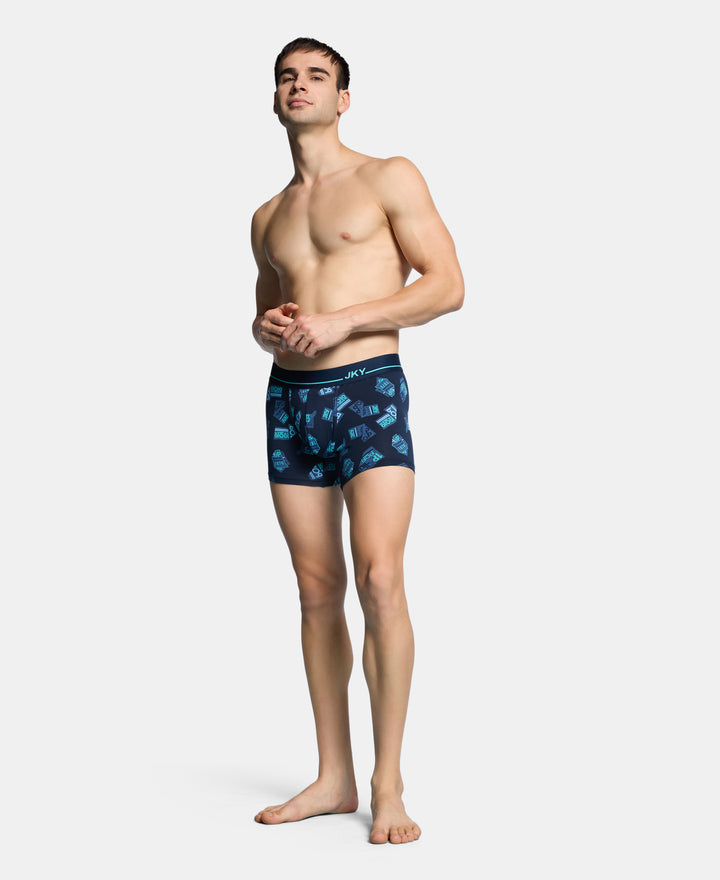 Super Combed Cotton Elastane Stretch Printed Trunk with Ultrasoft Waistband - Navy & Turquoise