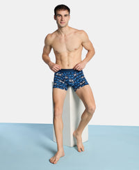 Super Combed Cotton Elastane Stretch Printed Trunk with Ultrasoft Waistband - Navy & Turquoise
