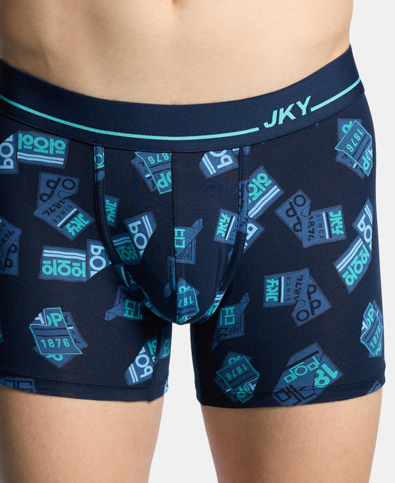 Super Combed Cotton Elastane Stretch Printed Trunk with Ultrasoft Waistband - Navy & Turquoise