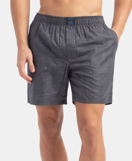 Tencel Lyocell Cotton Checkered Boxer Shorts with Side Pockets - Navy