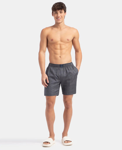 Tencel Lyocell Cotton Checkered Boxer Shorts with Side Pockets - Navy