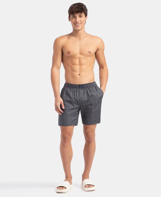Tencel Lyocell Cotton Checkered Boxer Shorts with Side Pockets - Navy