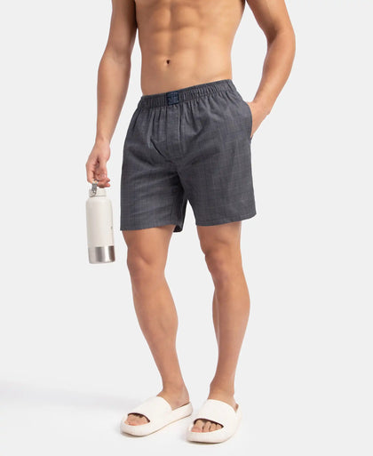 Tencel Lyocell Cotton Checkered Boxer Shorts with Side Pockets - Navy
