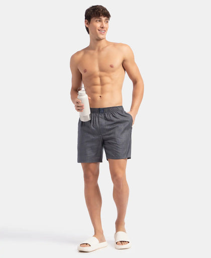 Tencel Lyocell Cotton Checkered Boxer Shorts with Side Pockets - Navy