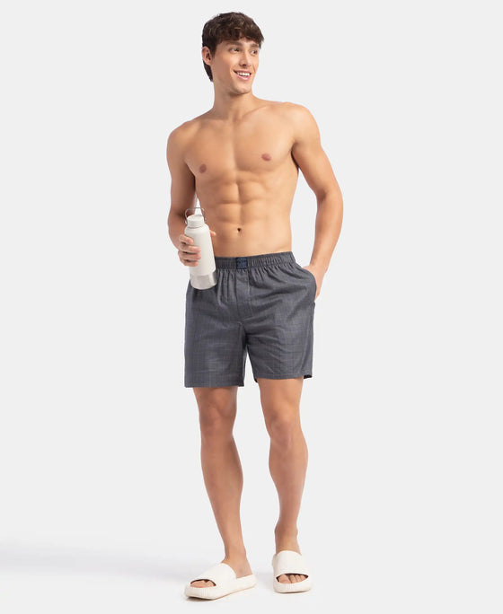 Tencel Lyocell Cotton Checkered Boxer Shorts with Side Pockets - Navy