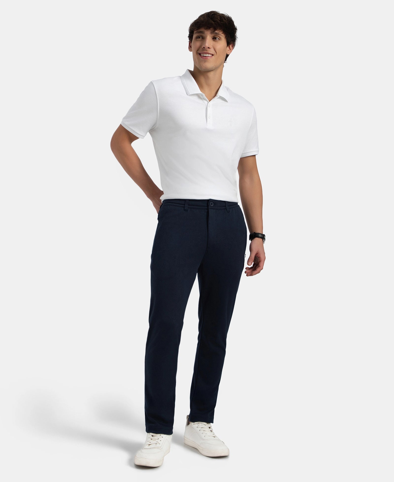 Super Combed Cotton Rich Elastane Stretch Slim Fit All Day Pants with Pockets - Solid Navy