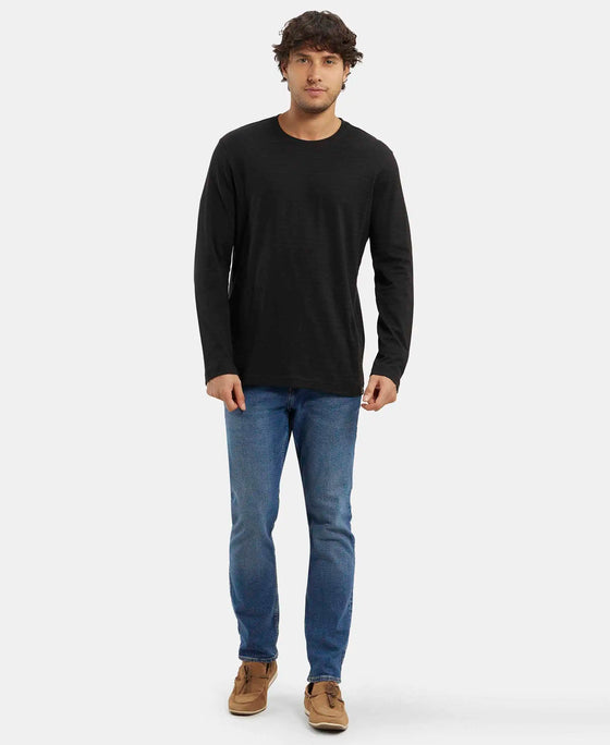 Super Combed Supima Cotton Solid Round Neck Full Sleeve T-Shirt - Black-4