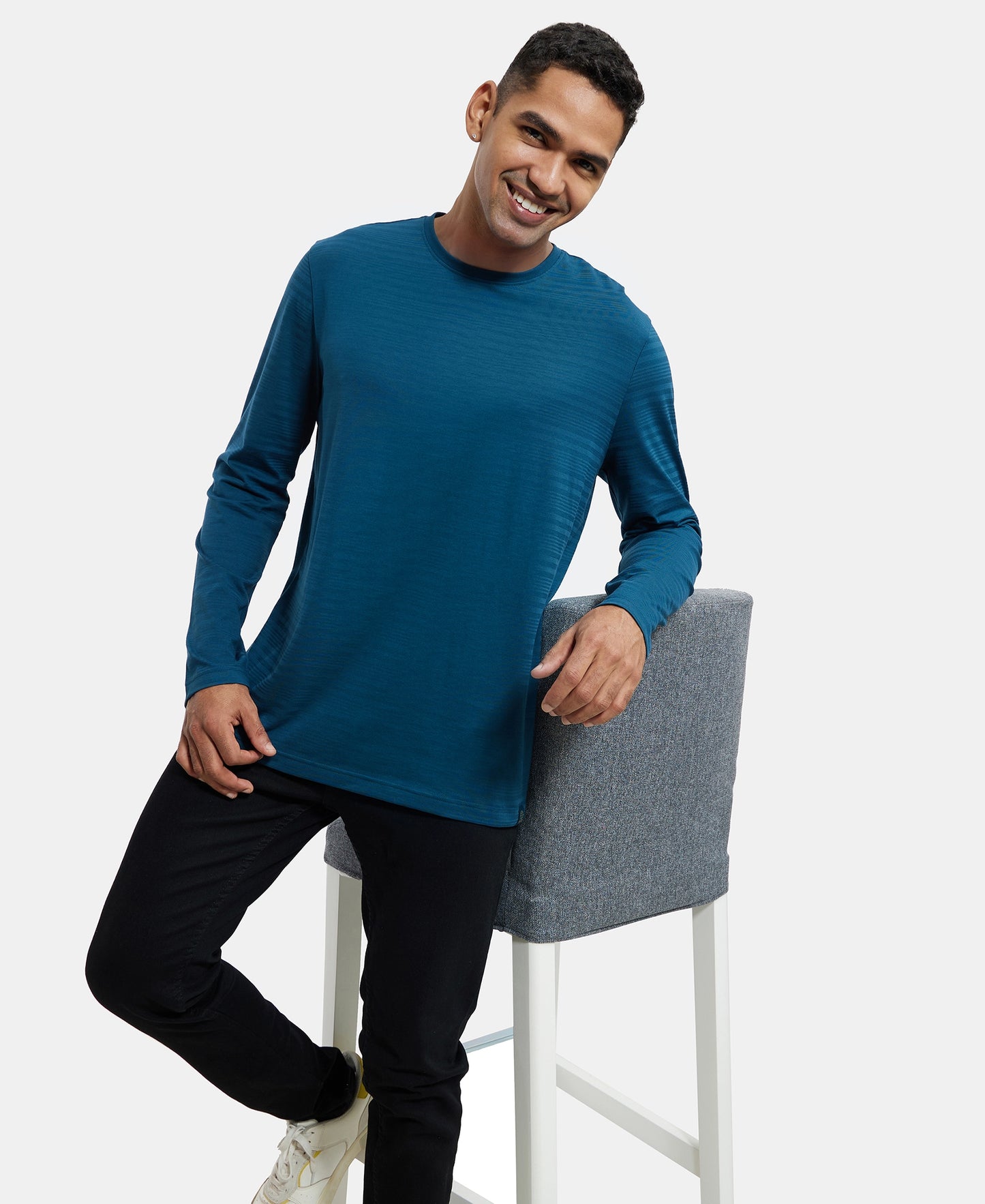 Super Combed Supima Cotton Solid Round Neck Full Sleeve T-Shirt - Reflecting Pond