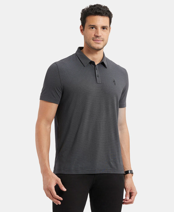 Tencel Micro Modal and Cotton Blend Thin Stripe Half Sleeve Polo T-Shirt - Black