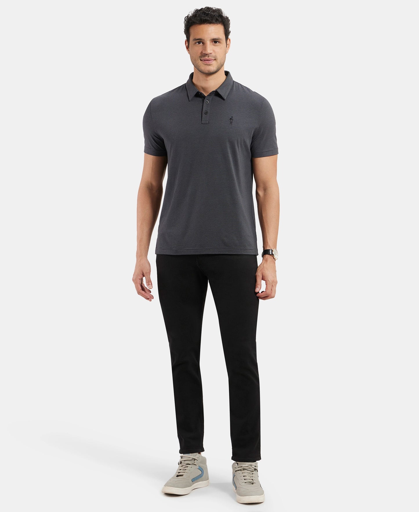 Tencel Micro Modal and Cotton Blend Thin Stripe Half Sleeve Polo T-Shirt - Black