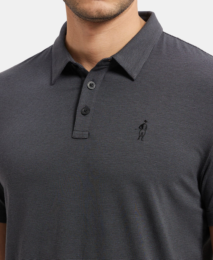 Tencel Micro Modal and Cotton Blend Thin Stripe Half Sleeve Polo T-Shirt - Black
