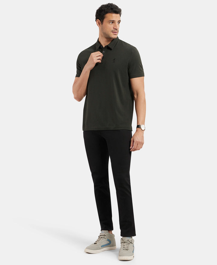 Tencel Micro Modal and Cotton Blend Thin Stripe Half Sleeve Polo T-Shirt - Forest Night