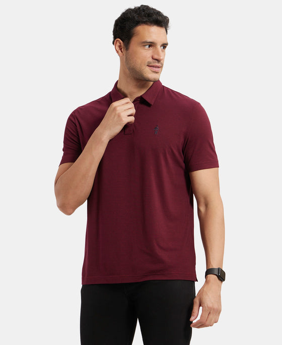 Tencel Micro Modal and Cotton Blend Thin Stripe Half Sleeve Polo T-Shirt - Red Pepper
