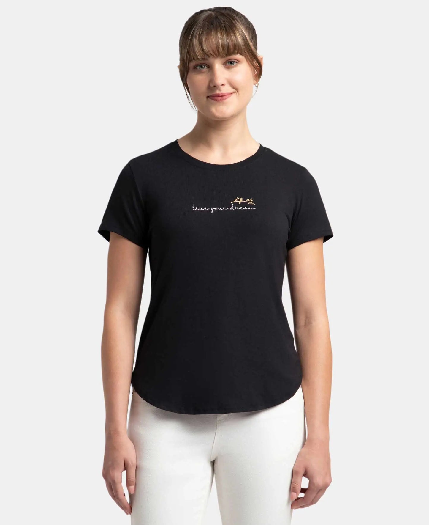 Micro Modal Fiber Elastane Stretch Relaxed Fit Graphic Print Round Neck Half Sleeve T-Shirt With Curved Hem Styling - Black