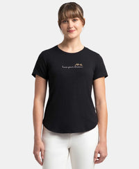 Micro Modal Fiber Elastane Stretch Relaxed Fit Graphic Print Round Neck Half Sleeve T-Shirt With Curved Hem Styling - Black