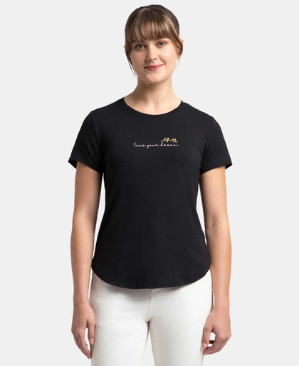 Micro Modal Fiber Elastane Stretch Relaxed Fit Graphic Print Round Neck Half Sleeve T-Shirt With Curved Hem Styling - Black