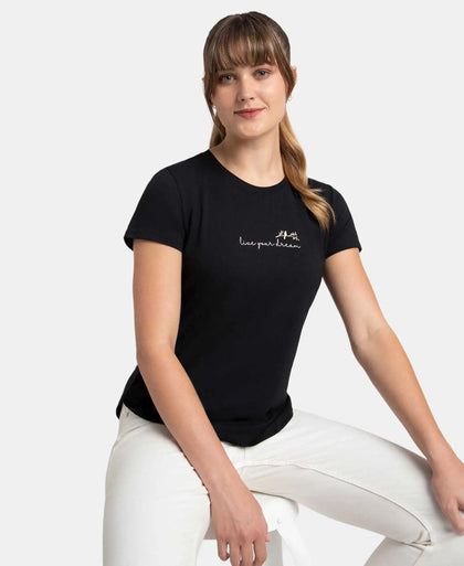 Micro Modal Fiber Elastane Stretch Relaxed Fit Graphic Print Round Neck Half Sleeve T-Shirt With Curved Hem Styling - Black