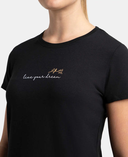 Micro Modal Fiber Elastane Stretch Relaxed Fit Graphic Print Round Neck Half Sleeve T-Shirt With Curved Hem Styling - Black