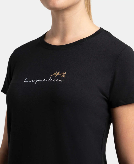 Micro Modal Fiber Elastane Stretch Relaxed Fit Graphic Print Round Neck Half Sleeve T-Shirt With Curved Hem Styling - Black