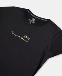 Micro Modal Fiber Elastane Stretch Relaxed Fit Graphic Print Round Neck Half Sleeve T-Shirt With Curved Hem Styling - Black