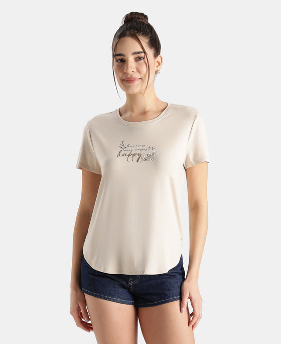 Micro Modal Fiber Elastane Stretch Relaxed Fit Graphic Print Round Neck Half Sleeve T-Shirt With Curved Hem Styling - French Oak