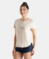 Micro Modal Fiber Elastane Stretch Relaxed Fit Graphic Print Round Neck Half Sleeve T-Shirt With Curved Hem Styling - French Oak