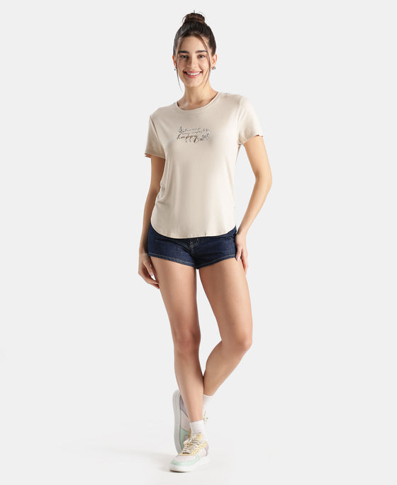 Micro Modal Fiber Elastane Stretch Relaxed Fit Graphic Print Round Neck Half Sleeve T-Shirt With Curved Hem Styling - French Oak