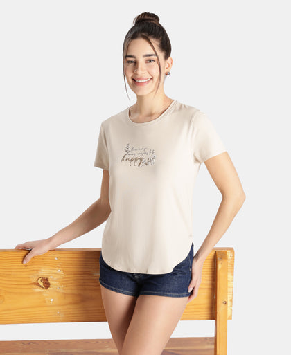 Micro Modal Fiber Elastane Stretch Relaxed Fit Graphic Print Round Neck Half Sleeve T-Shirt With Curved Hem Styling - French Oak