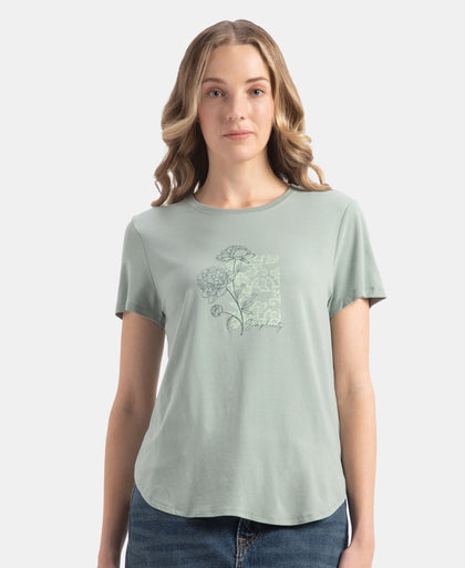 Micro Modal Fiber Elastane Stretch Relaxed Fit Graphic Print Round Neck Half Sleeve T-Shirt With Curved Hem Styling - Iceberg Green