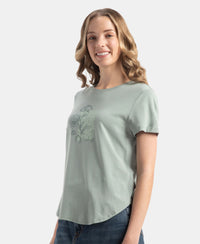 Micro Modal Fiber Elastane Stretch Relaxed Fit Graphic Print Round Neck Half Sleeve T-Shirt With Curved Hem Styling - Iceberg Green