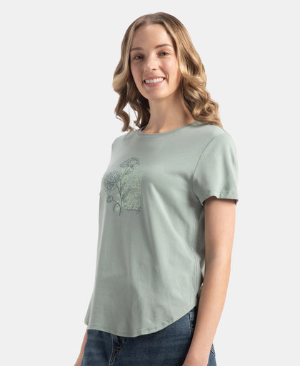 Micro Modal Fiber Elastane Stretch Relaxed Fit Graphic Print Round Neck Half Sleeve T-Shirt With Curved Hem Styling - Iceberg Green
