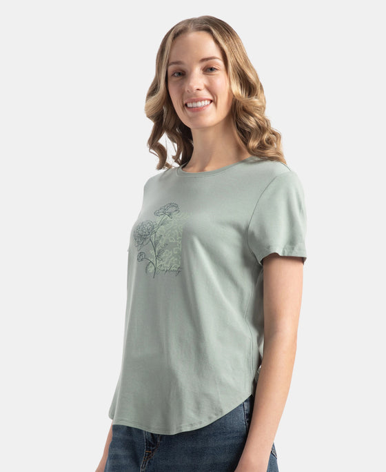 Micro Modal Fiber Elastane Stretch Relaxed Fit Graphic Print Round Neck Half Sleeve T-Shirt With Curved Hem Styling - Iceberg Green