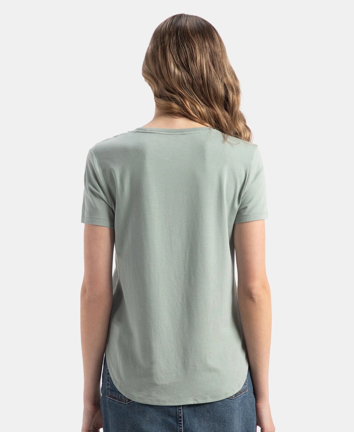 Micro Modal Fiber Elastane Stretch Relaxed Fit Graphic Print Round Neck Half Sleeve T-Shirt With Curved Hem Styling - Iceberg Green