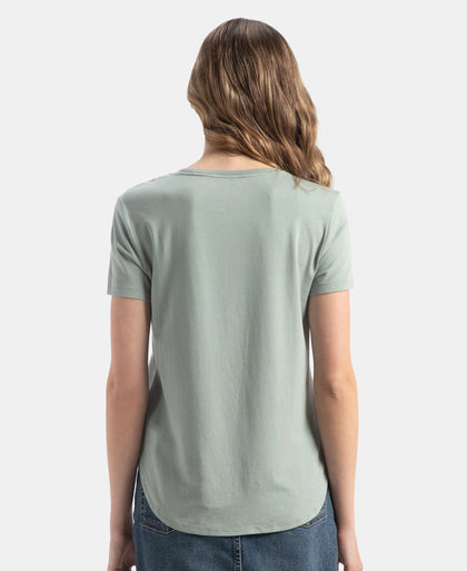 Micro Modal Fiber Elastane Stretch Relaxed Fit Graphic Print Round Neck Half Sleeve T-Shirt With Curved Hem Styling - Iceberg Green
