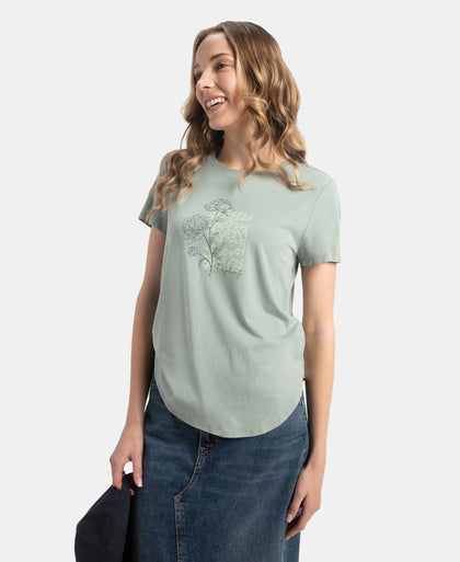 Micro Modal Fiber Elastane Stretch Relaxed Fit Graphic Print Round Neck Half Sleeve T-Shirt With Curved Hem Styling - Iceberg Green