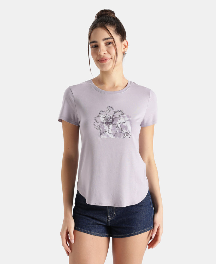 Micro Modal Fiber Elastane Stretch Relaxed Fit Graphic Print Round Neck Half Sleeve T-Shirt With Curved Hem Styling - Lavender Aura
