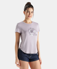 Micro Modal Fiber Elastane Stretch Relaxed Fit Graphic Print Round Neck Half Sleeve T-Shirt With Curved Hem Styling - Lavender Aura