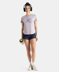 Micro Modal Fiber Elastane Stretch Relaxed Fit Graphic Print Round Neck Half Sleeve T-Shirt With Curved Hem Styling - Lavender Aura