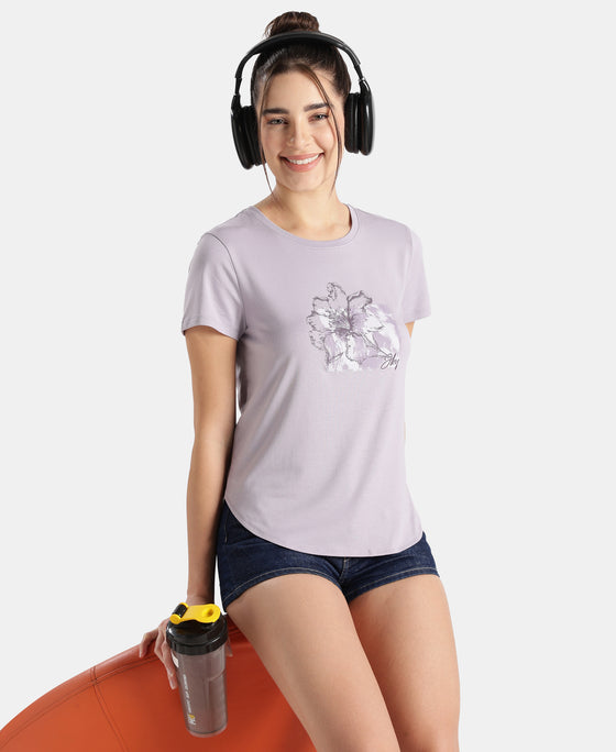 Micro Modal Fiber Elastane Stretch Relaxed Fit Graphic Print Round Neck Half Sleeve T-Shirt With Curved Hem Styling - Lavender Aura