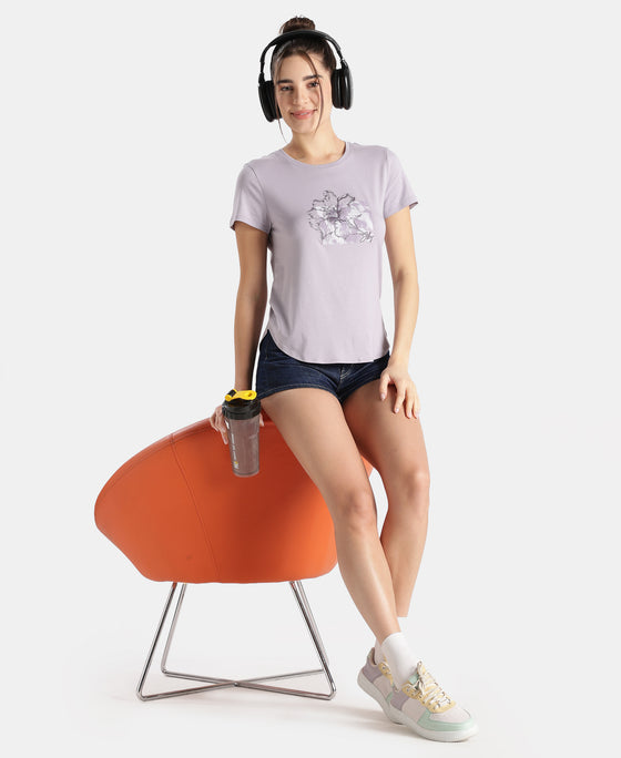 Micro Modal Fiber Elastane Stretch Relaxed Fit Graphic Print Round Neck Half Sleeve T-Shirt With Curved Hem Styling - Lavender Aura